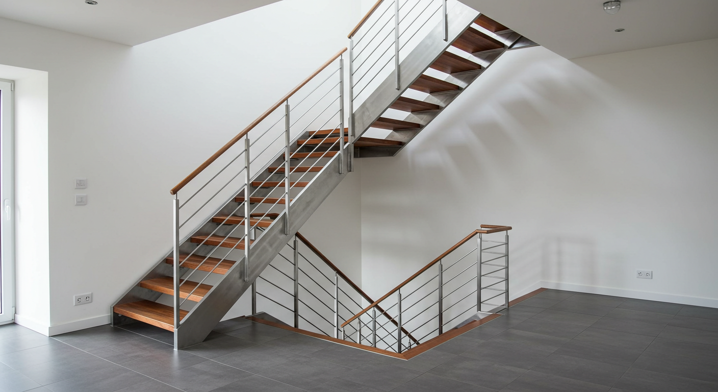 Modern bir iç mekanda, metal ve ahşap kullanılarak yapılmış bir merdiven, başarılı merdiven hesabı örneği.