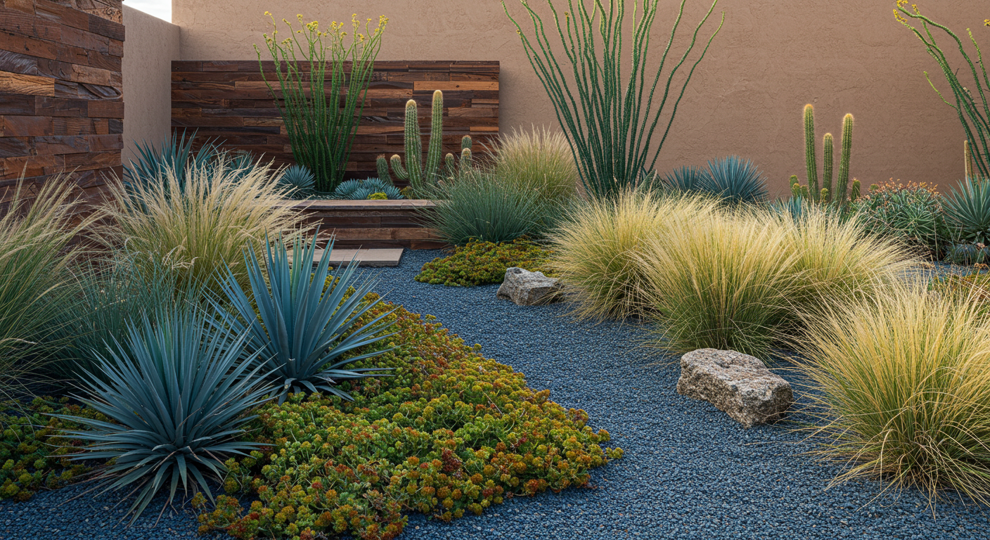 Farklı doku ve renkteki bitkilerle oluşturulmuş estetik bir kurakçıl peyzaj örneği.