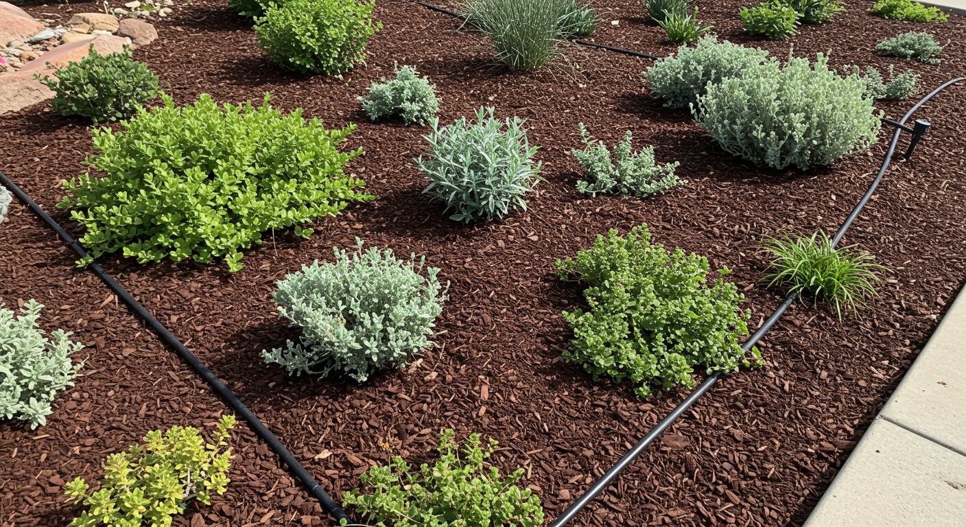 Damla sulama sistemi ve ağaç kabuğu malç ile donatılmış bir kurakçıl peyzaj alanı.