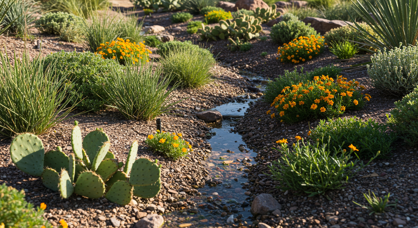 Yağmur suyunu toplayıp filtreleyen yerel bitkilerle dolu bir kurakçıl peyzaj yağmur bahçesi.