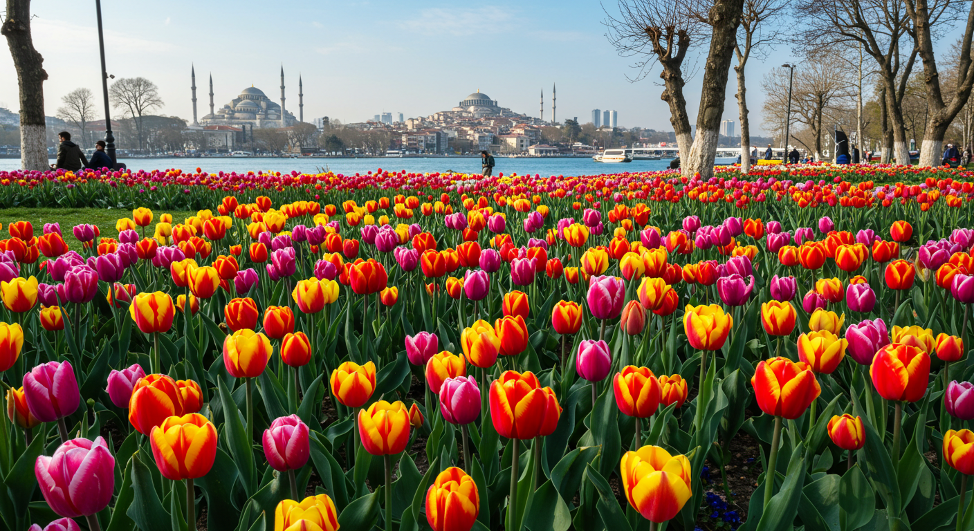 İstanbul'da bir parkta açmış rengarenk laleler, en popüler marmara bölgesi bahçe çiçekleri arasında yer alıyor.