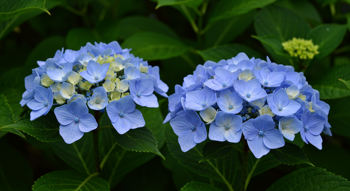 Yemyeşil yapraklar arasında açmış mavi ortancalar, gölge alanlar için ideal marmara bölgesi bahçe çiçekleri.