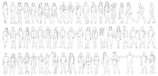 Bir bina kesitinde ölçeği göstermek için kullanılan anatomik insan çizim arşivi dwg figürleri.