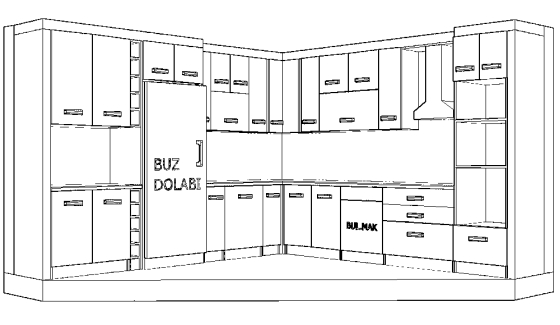 Modüler dolap yerleşimini gösteren tam bir ankastre mutfak mobilyası plan kesit detay dwg indir paftası.