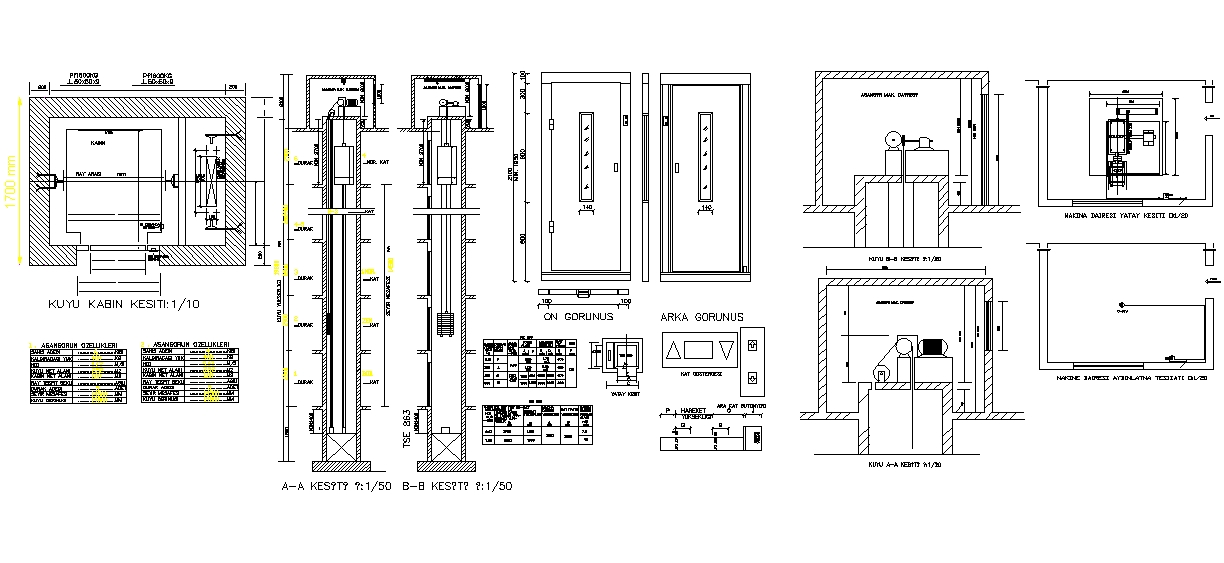Bir binanın kuyu dibi, katlar ve makine dairesini içeren tam bir asansör detay dwg kesit çizimi.