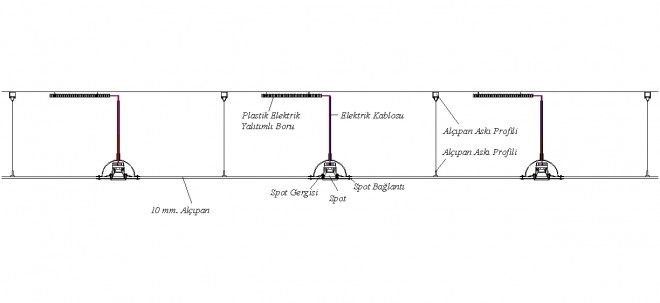 Asma tavanda gizli ışık bandı uygulamasını gösteren bir Aydınlatma Detayı Plan Kesit Detay Dwg kesiti.