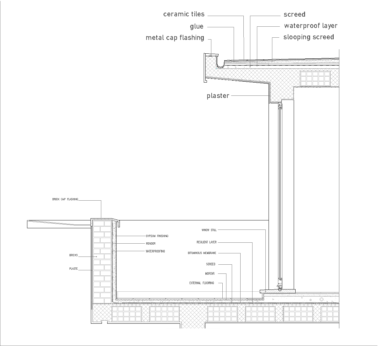 Döşeme alnına yandan bağlanan cam panelli bir Balkon Korkuluk Detayı Dwg İndir kesiti.