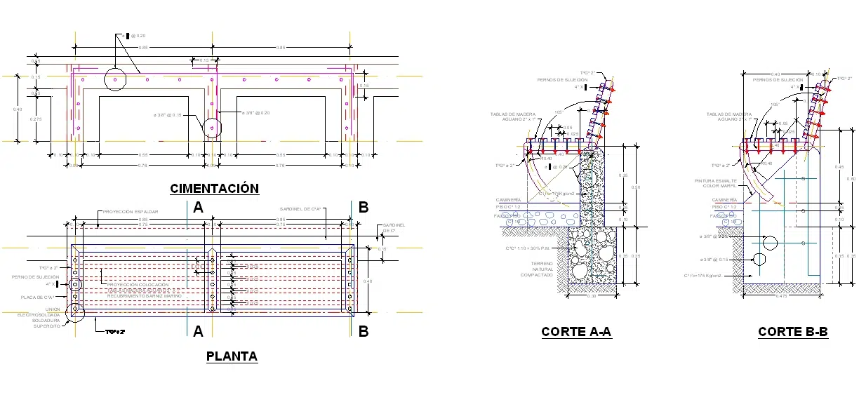 Ahşap oturma yüzeyi ile metal iskeletin birleşimini gösteren bir Bank Detayı Dwg İndir kesiti.