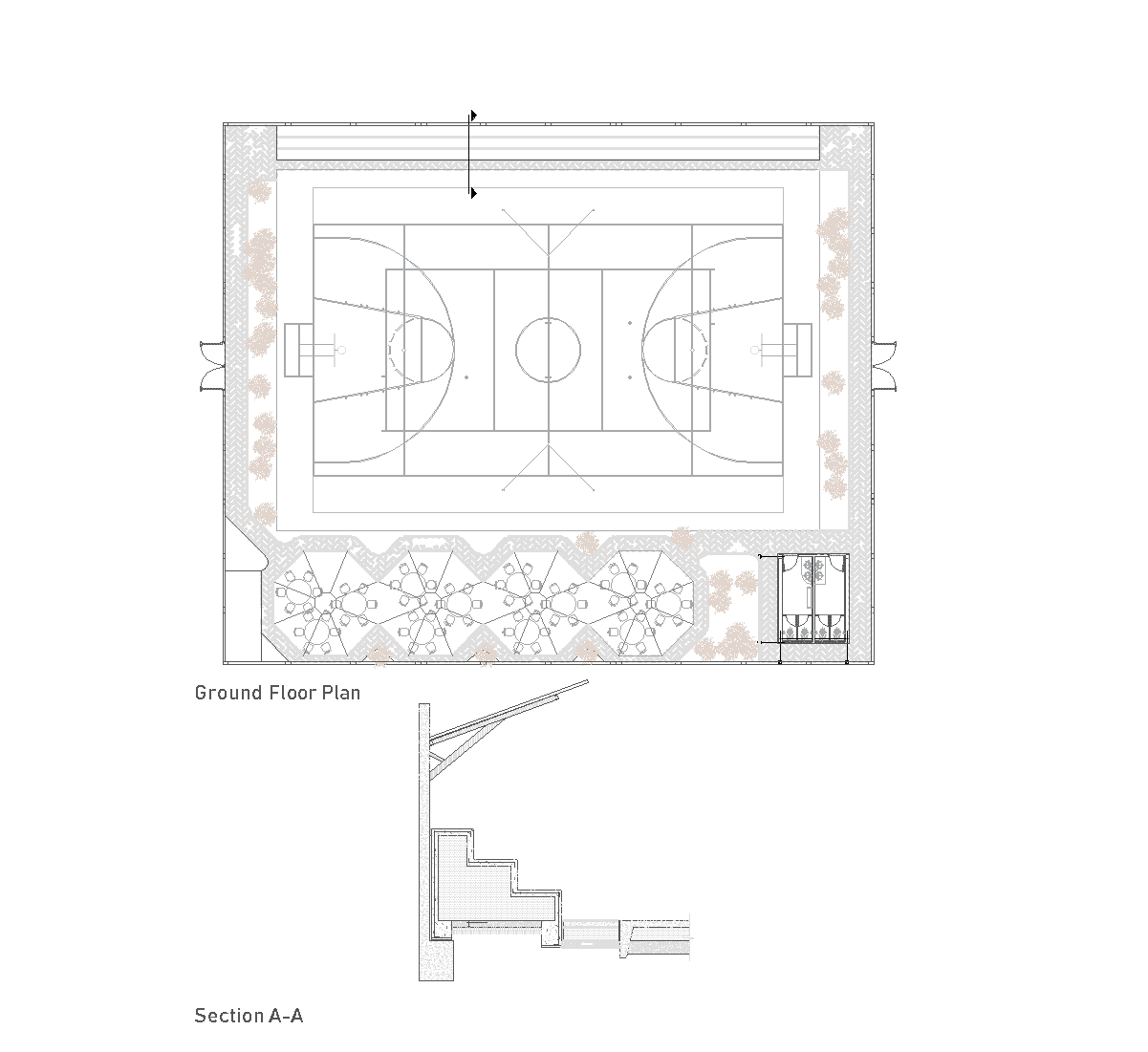 Tüm ölçüleri ve çizgileri gösteren standart bir Basketbol Sahası Detayı Dwg plan çizimi.