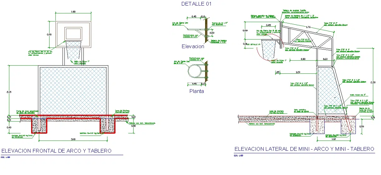 Standart ölçülerde pota ve temel bağlantısını gösteren bir Basketbol Sahası Detayı Dwg çizimi.