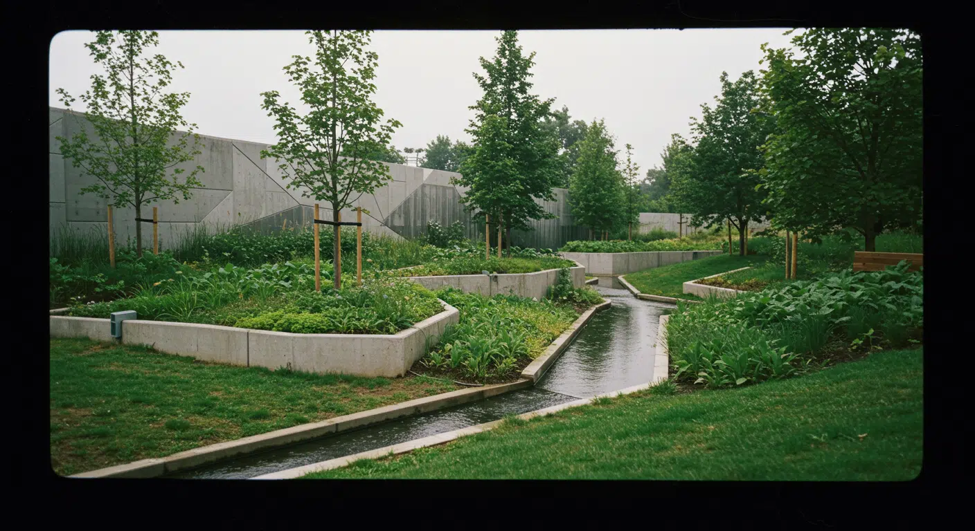 Yağmur suyunu toplayan sürdürülebilir bir Peyzaj Mimarlığı uygulaması.