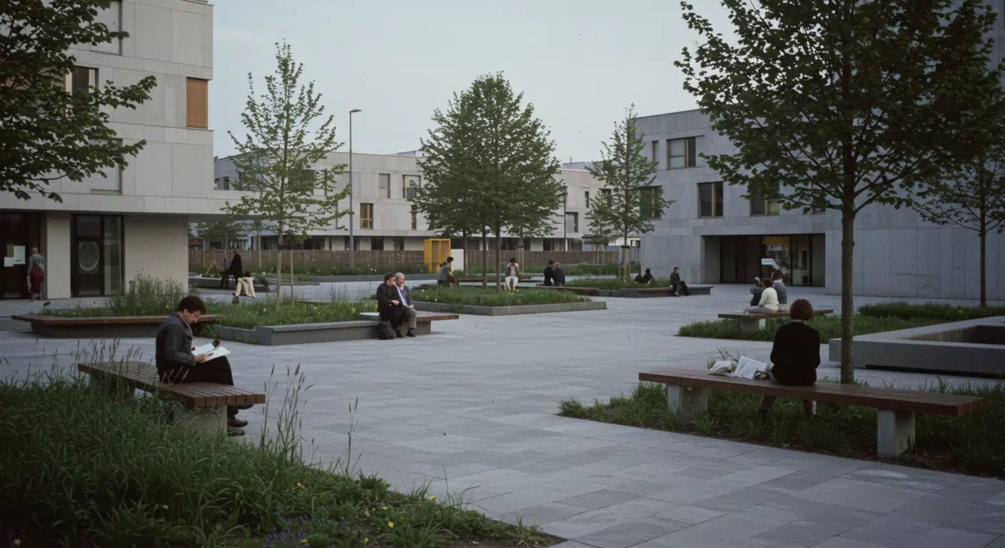 İnsanların dinlendiği modern bir kent meydanı ve Peyzaj Mimarlığı uygulaması.