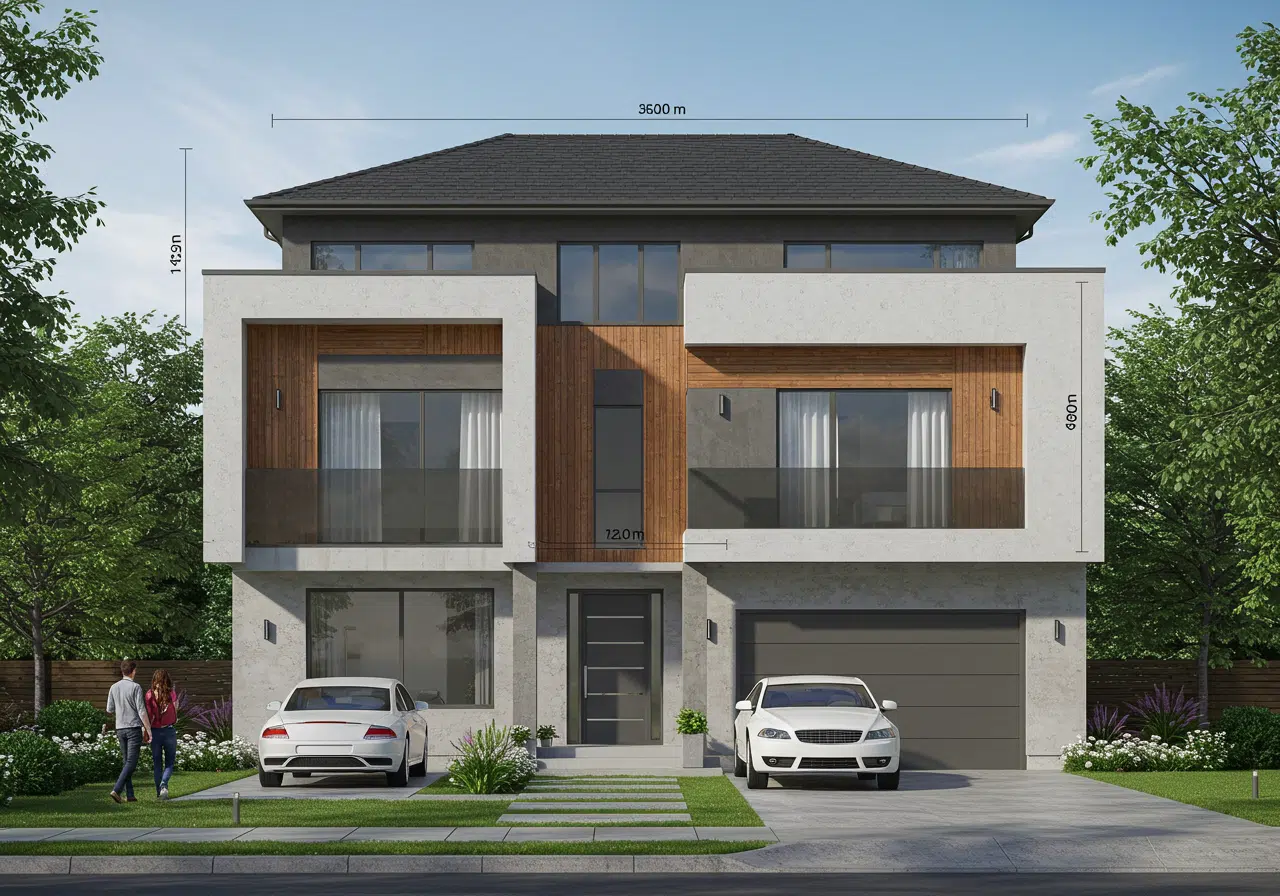 Müstakil konut mimari projesinde 10 standart ölçü kapsamında planlanmış modern bir ev cephesi.