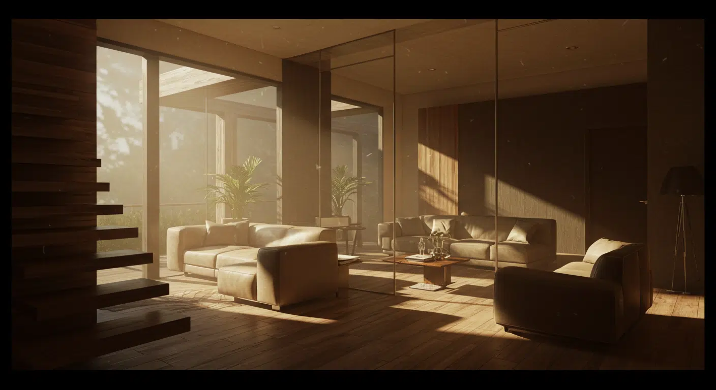 Modern bir iç mekanda kullanılan Lumion hazır efektler ile aydınlatma.