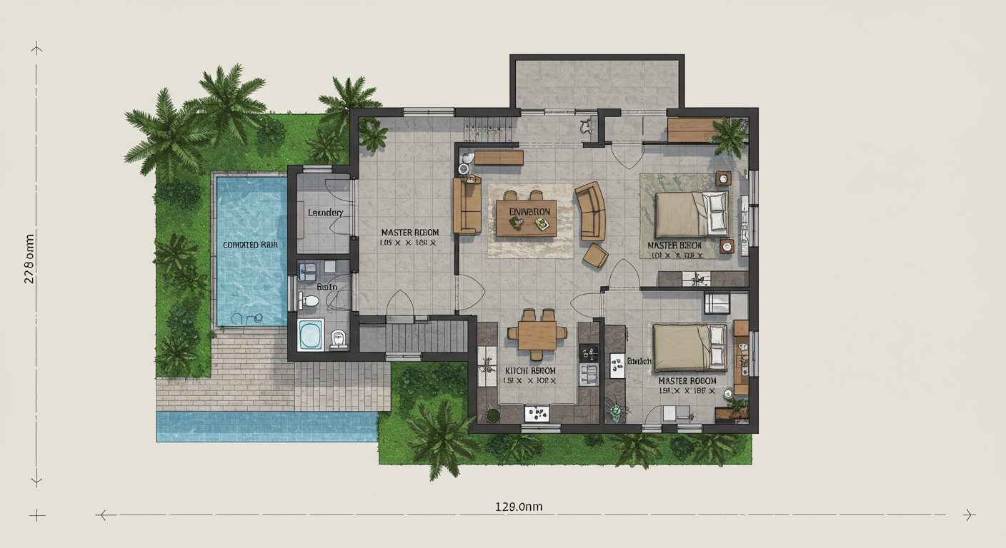 Modern bir zemin kat yerleşimini gösteren Villa Plan DWG İndir örneği.
