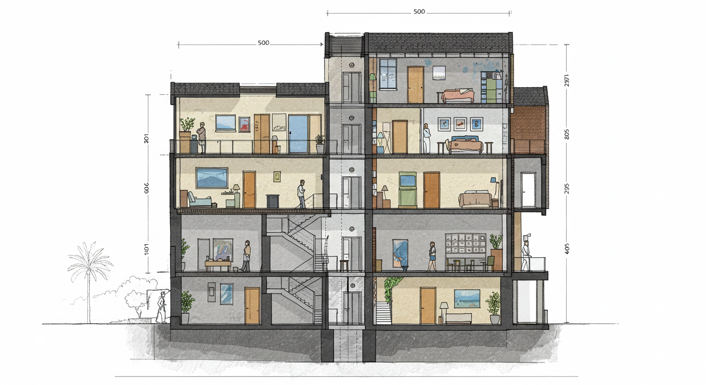 Katlar arası ilişkiyi gösteren bir Villa Plan DWG İndir kesit çizimi.